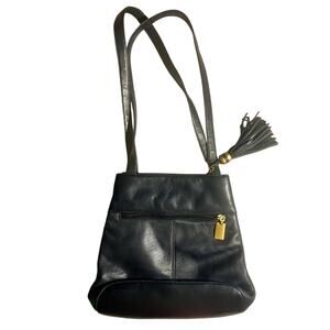 Shafmaster Leather Co Purse Vintage 90s Deep Navy Structured Bag Gold Charm EUC